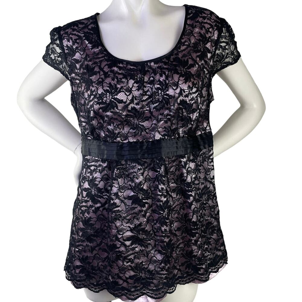 Motherhood Maternity Women Stretchy Cap Sleeve Tie Front Lace Peplum Top Black L